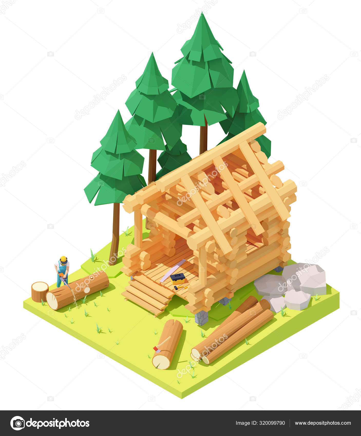 Vector Isometric Carpenter At Log Cabin Building Stock Vector