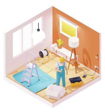 Vector isometric electrician working in room clipart