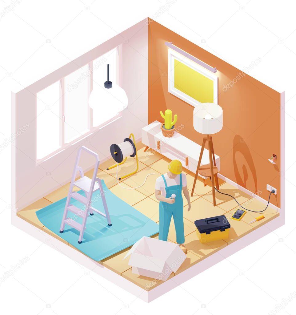 Vector isometric electrician working in room