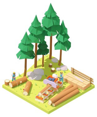 Vector isometric portable sawmill in forest clipart