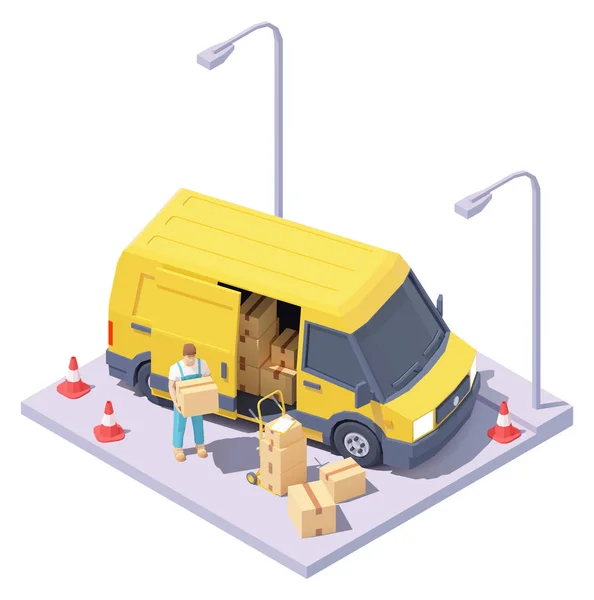 Vector isometric courier with parcels and delivery van — ストックベクタ