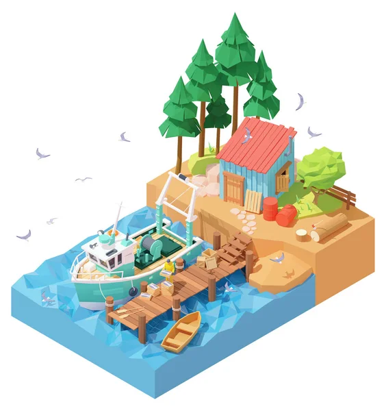 Vector isometric fisherman unloading catch from trawler on pier Stock Vector