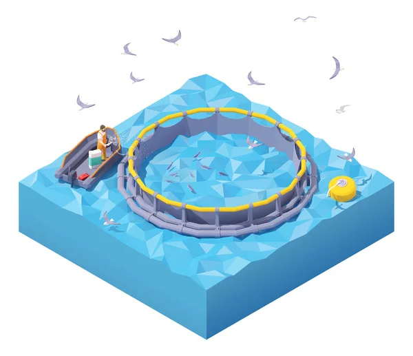 Vector isometric feeding fish at fish farm — Stock Vector