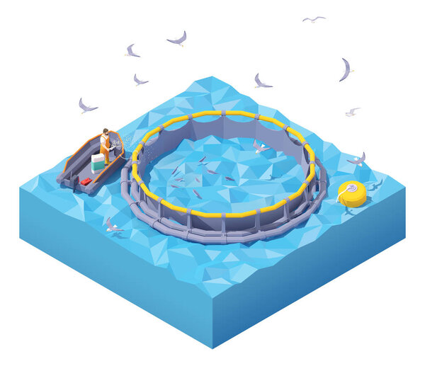 Vector isometric feeding fish at fish farm