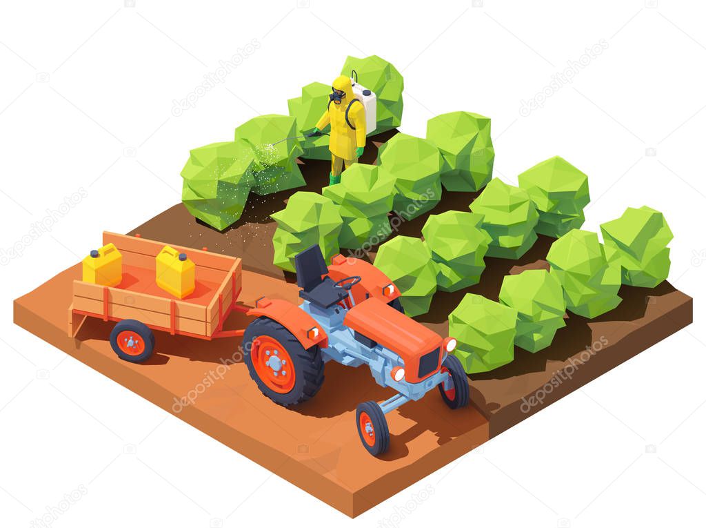 Vector isometric farmer spraying pesticides