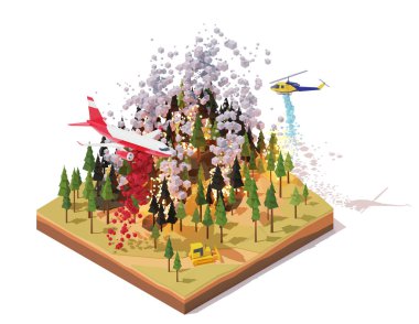 Vector isometric firefighting airplane and helicopter fighting wildfires clipart