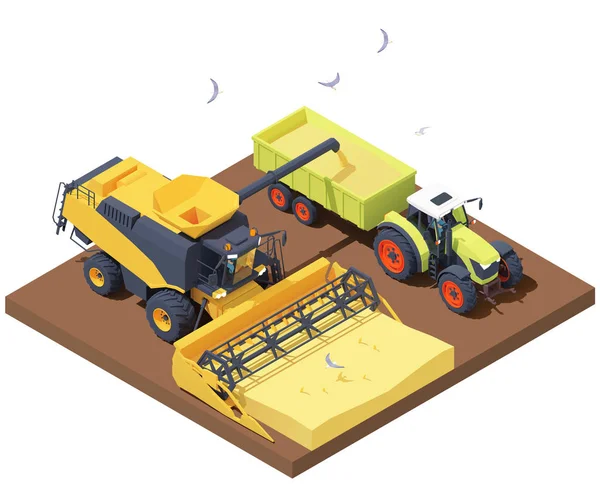 Vektor-isometrischer Mähdrescher und Traktor bei der Ernte — Stockvektor