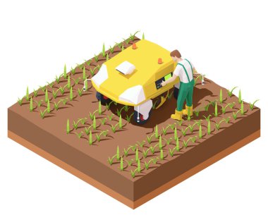 Ekin tarlasında çalışan vektör izometrik tarım robotu Ev
