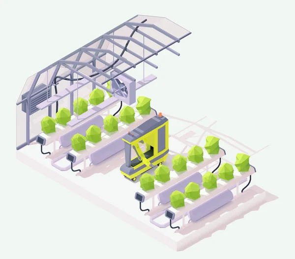 Robot agrícola isométrico vectorial en invernadero — Vector de stock