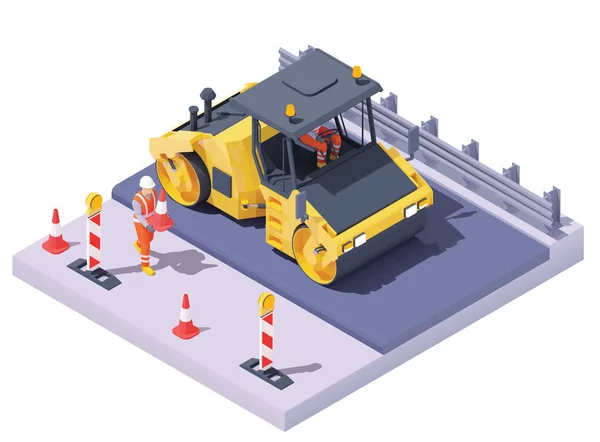 Rouleau de route isométrique vectoriel sur le chantier de construction routière — Image vectorielle