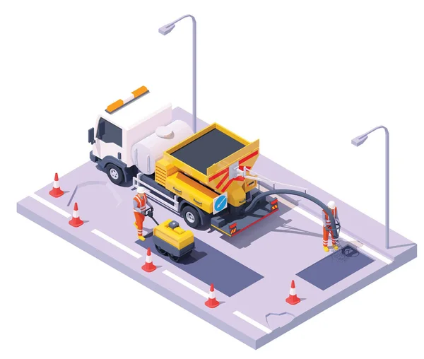 Vector isometric road potholes spray injection repair — Διανυσματικό Αρχείο
