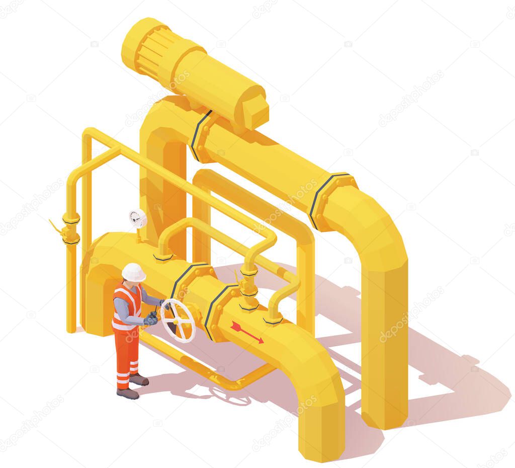 Vector isometric gas or oil production operator opens pipeline valve