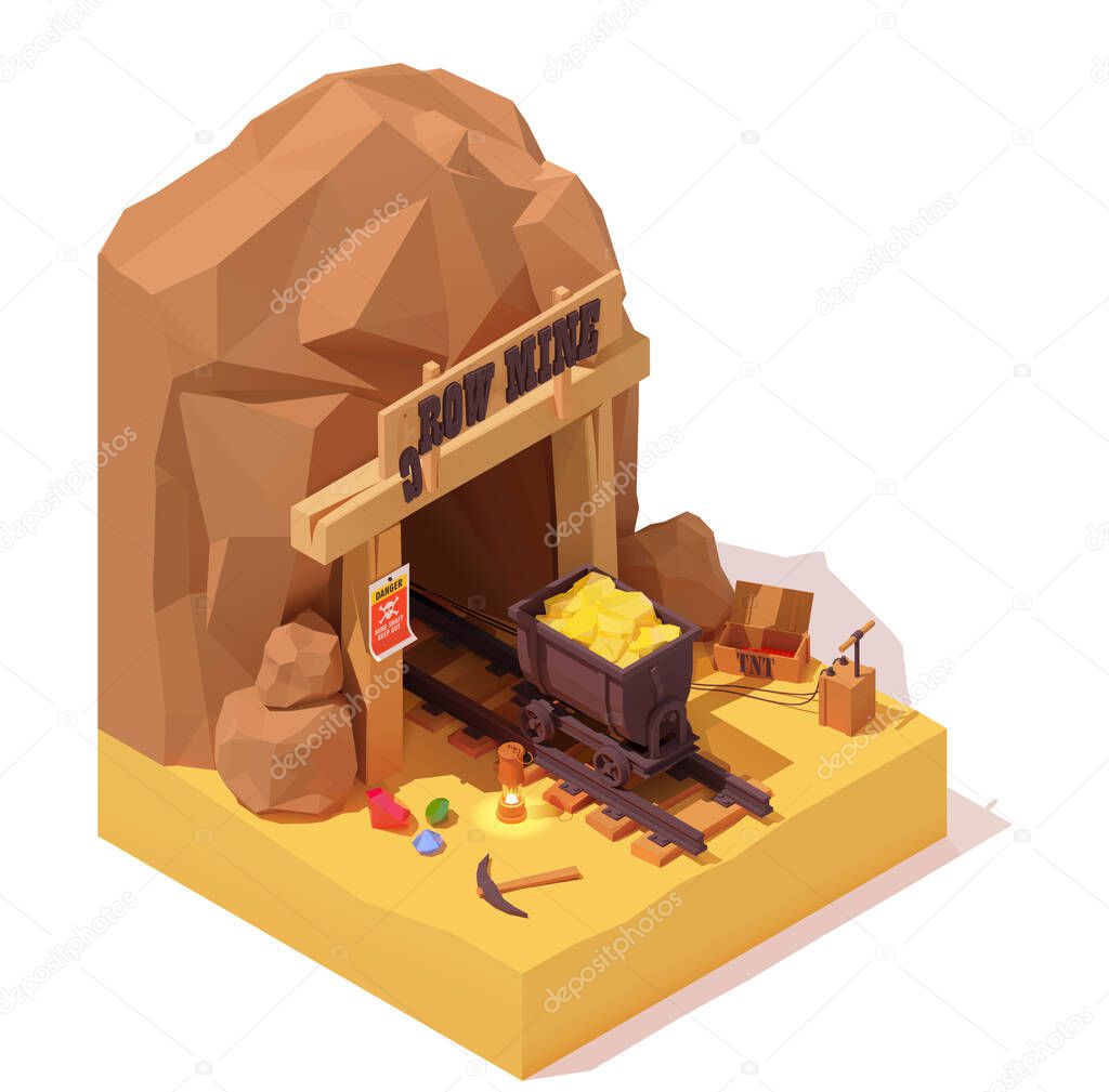 Vector isometric old gold mine and mine cart