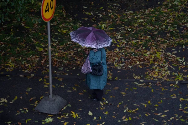 Starší Žena Deštníkem Stopky Ulici Pokryté Podzimními Listí Dešti — Stock fotografie