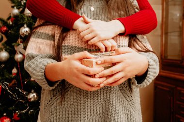 Girl with a gift near to Christmas tree