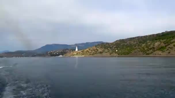 Alushta Region Crimea August 2019 Ship Moving Away Church Lighthouse — Stock Video