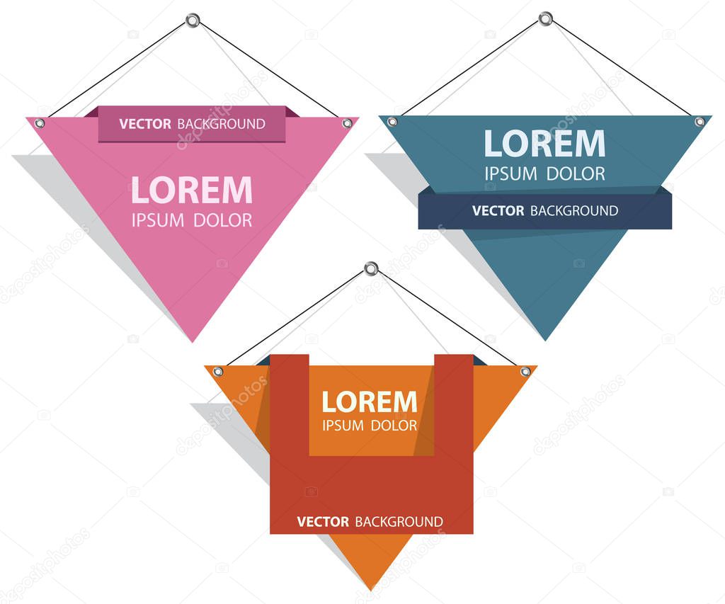 Three banners in the form of a flag, hang on a tape. Vector image.