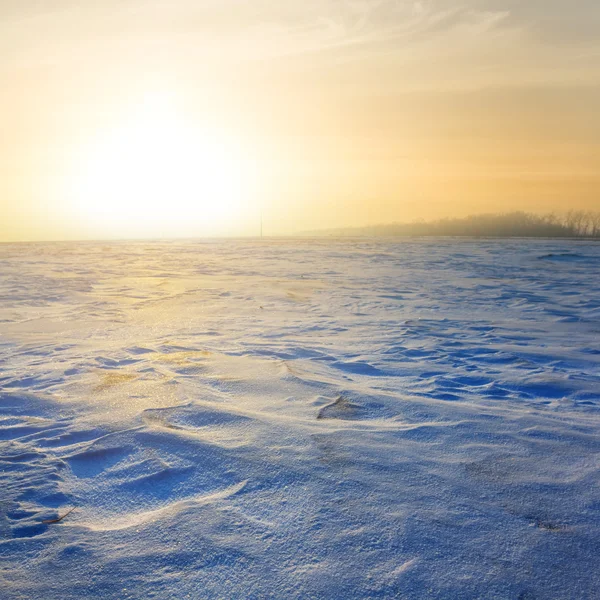 Plaine enneigée d'hiver au coucher du soleil — Photo