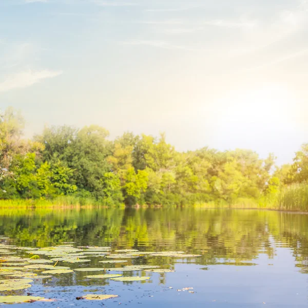 Tranquilo verano río escena en un rayo de sol de la noche — Foto de Stock