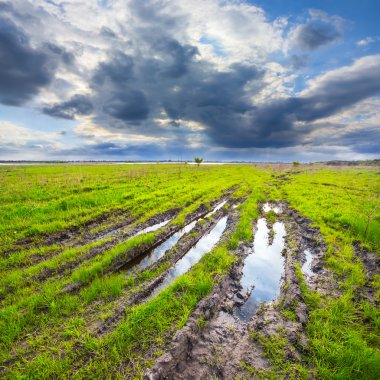 Yeşil köy alanlar'ın altında yoğun gökyüzü sahne