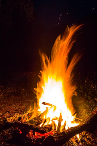 Primer plano fuego del campamento en la noche — Foto de Stock