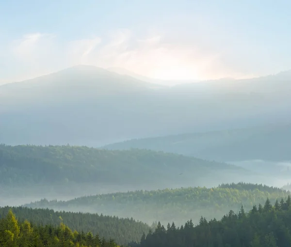 Tôt le matin paysage de montagne brumeux — Photo