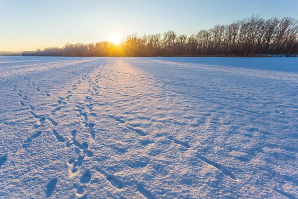 Gün batımını gölde donmuş kış — Stok fotoğraf