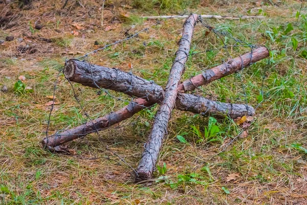 Vértes szögesdrót kerítés az erdő — Stock Fotó