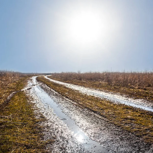 Strada di terra sporca umida in un sole — Foto Stock