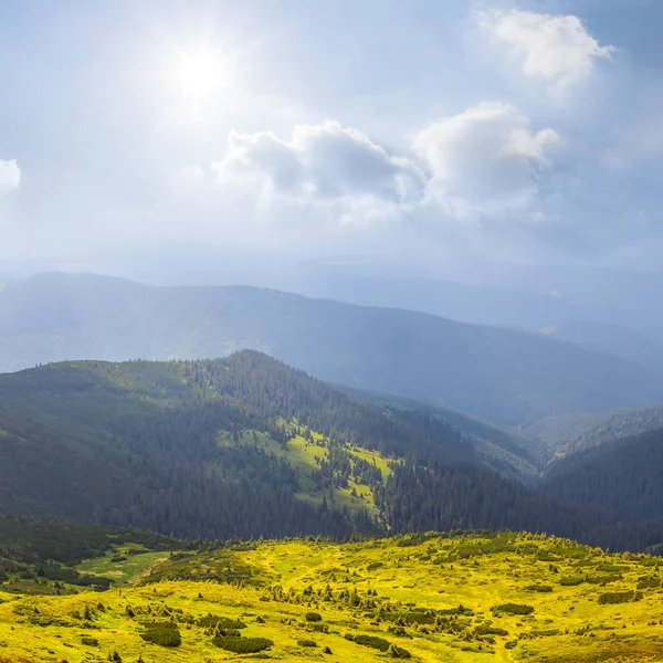 Wunderschönes grünes Gebirgstal unter glühender Sonne — Stockfoto