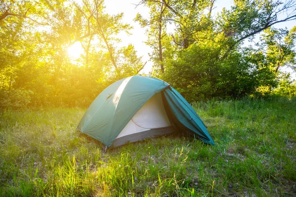 Acampamento turístico em uma floresta ao pôr do sol — Fotografia de Stock