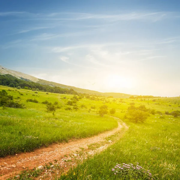 Zonsopgang onder een groene heuvels — Stockfoto