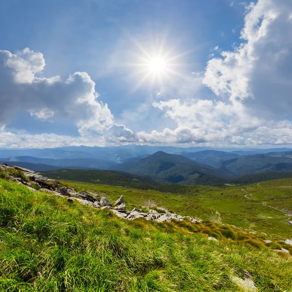 Verde valle de la montaña bajo un sol brillante — Foto de Stock