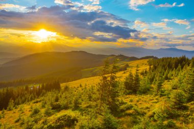bir dağ Vadisi, Karpatlar Ukrayna üzerinden güzel gün batımı