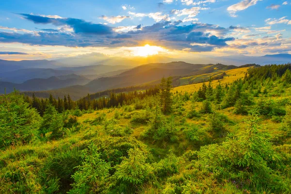 夕日の緑の山の谷 — ストック写真