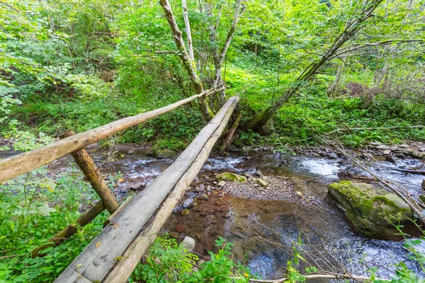 Malý dřevěný most přes řítí horská řeka — Stock fotografie