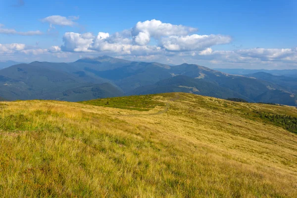 Horská krajina, suché trávy pod zamračenou oblohou — Stock fotografie