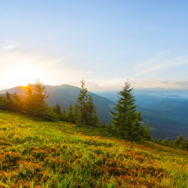 günbatımı üzerinde yeşil dağ yamacı