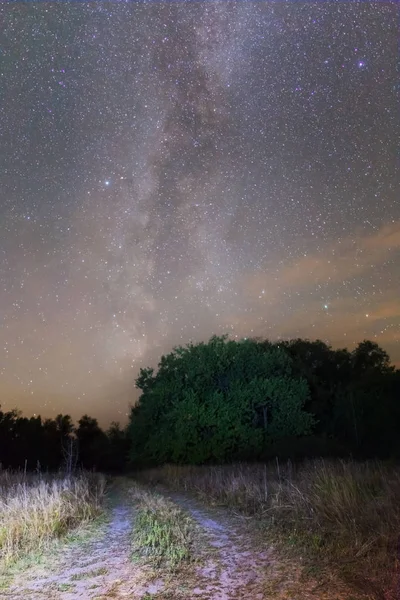 Rural ground road and a milky way night scene — Stock Fotó