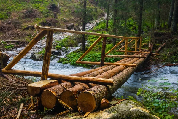 Puente de madera sobre un río de montaña corriendo — Foto de Stock