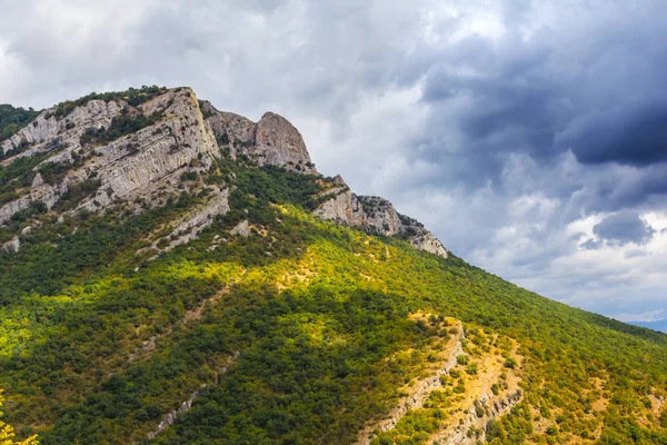 Pendio Verde Monte Sotto Denso Cielo Nuvoloso — Foto Stock