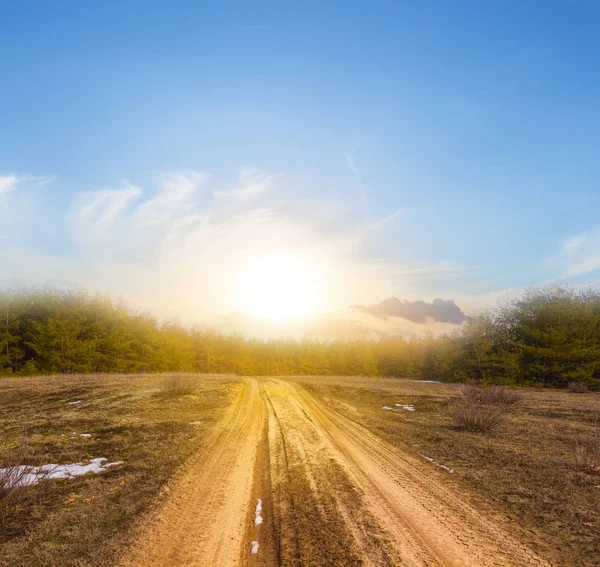 Strada Terra Tra Praterie Tramonto — Foto Stock