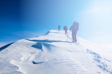 yürüyüşçüler yürüyüş bir kış grubunu dağlar arasında grup