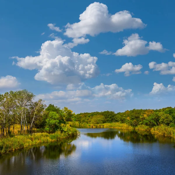 Bella Scena Estiva Fiume Tranquillo Sotto Cielo Nuvoloso — Foto Stock