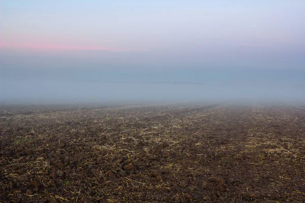 Ploughland Ochtend Van Earluy Een Dikke Mist — Stockfoto