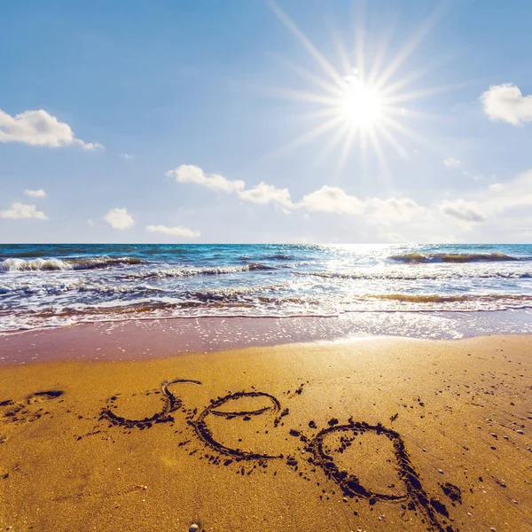 Summer Swe Sandy Beach Sea Word Sand Sparkle Sun — Stock Photo, Image