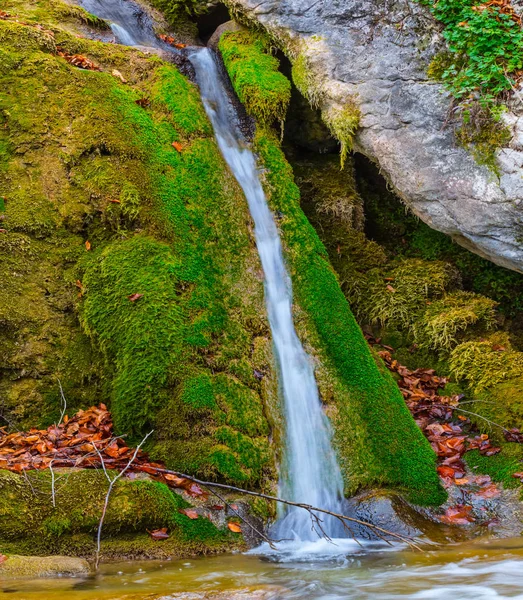 Nahaufnahme Kleiner Wasserfall Der Über Einen Stein Rauscht — Stockfoto