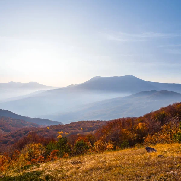 Herbstliches Gebirgstal Blauen Nebel — Stockfoto