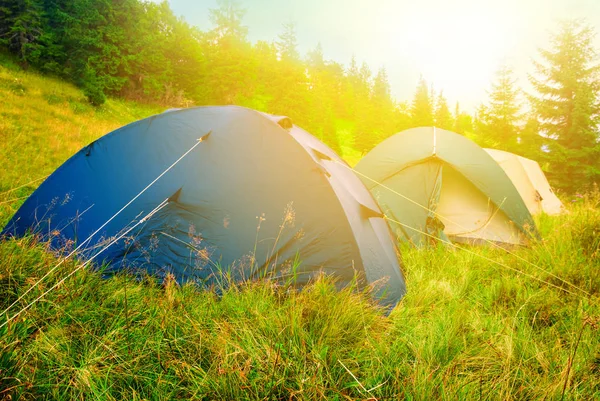 Touristic Camp Mountain Forest Glade Sunrise — Stock Photo, Image