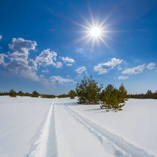 Zimowe Śniegiem Zwykły Drogi Pod Słońca Blask — Zdjęcie stockowe